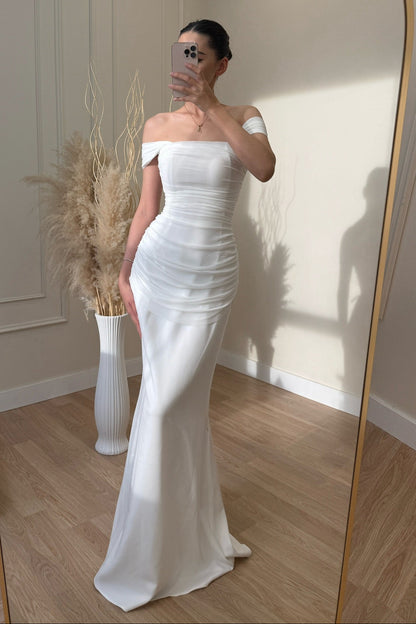Off-Shoulder Ruched Sheath Wedding Gown