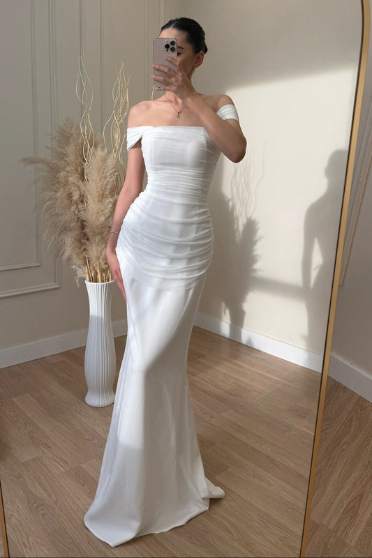 Off-Shoulder Ruched Sheath Wedding Gown