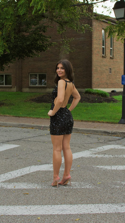 Sequin Bodycon Mini Dress with Open-Back Strap Design