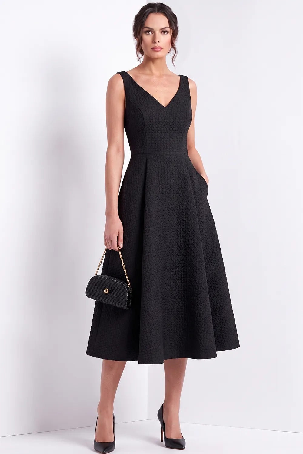 Textured V-Neck Midi A-Line Dress with Pockets