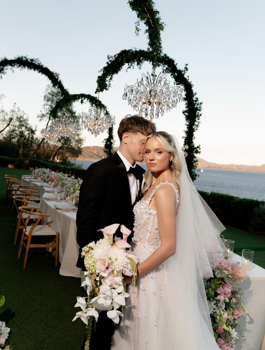 Pearl Beaded Tulle Wedding Dress with Chapel Train