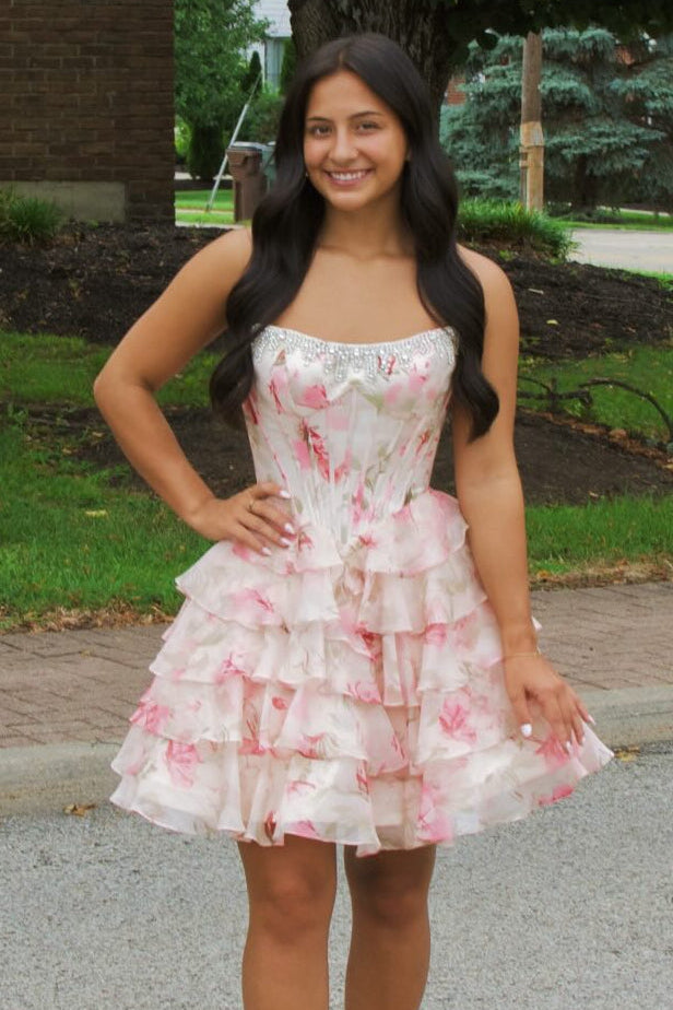 Floral Print Corset Mini Dress with Tiered Ruffle Skirt