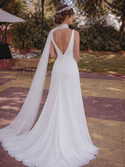 Deep V A-Line Wedding Dress with Neck Scarf