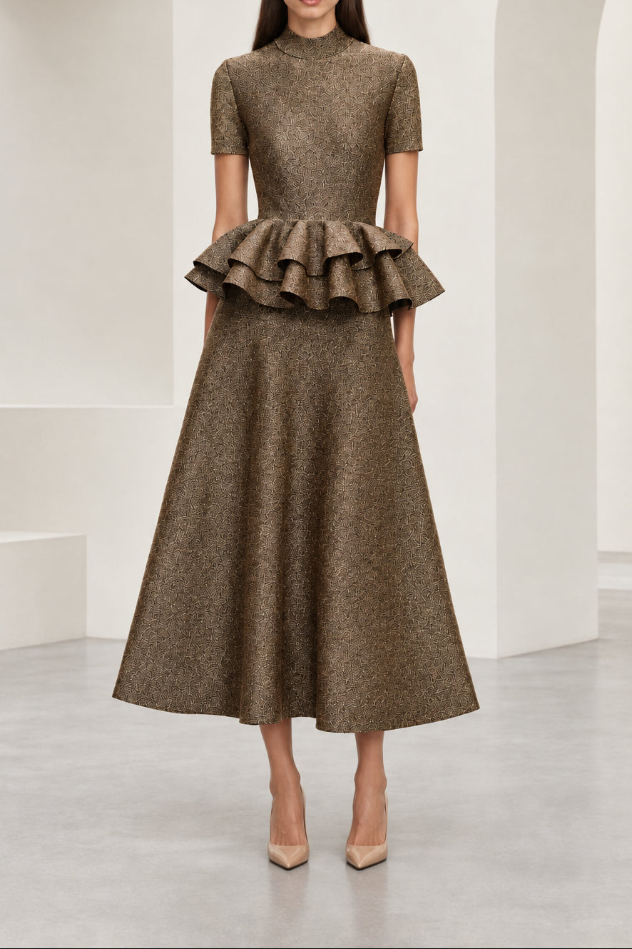 Tiered Peplum High Neck Midi Dress