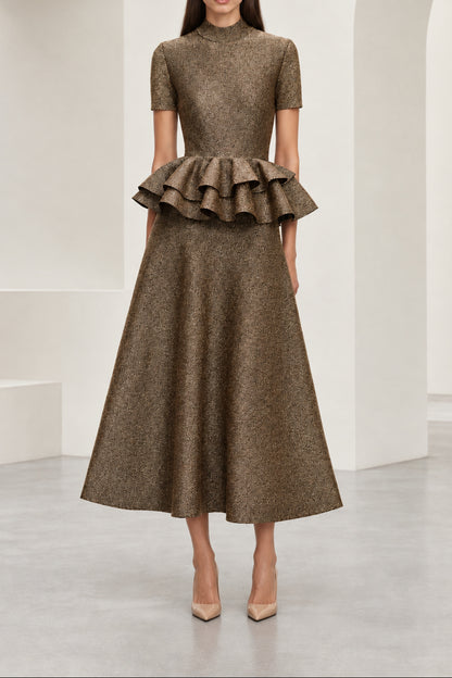 Tiered Peplum High Neck Midi Dress