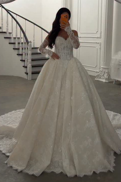 Lace Off-Shoulder Corset Ball Gown Wedding Dress