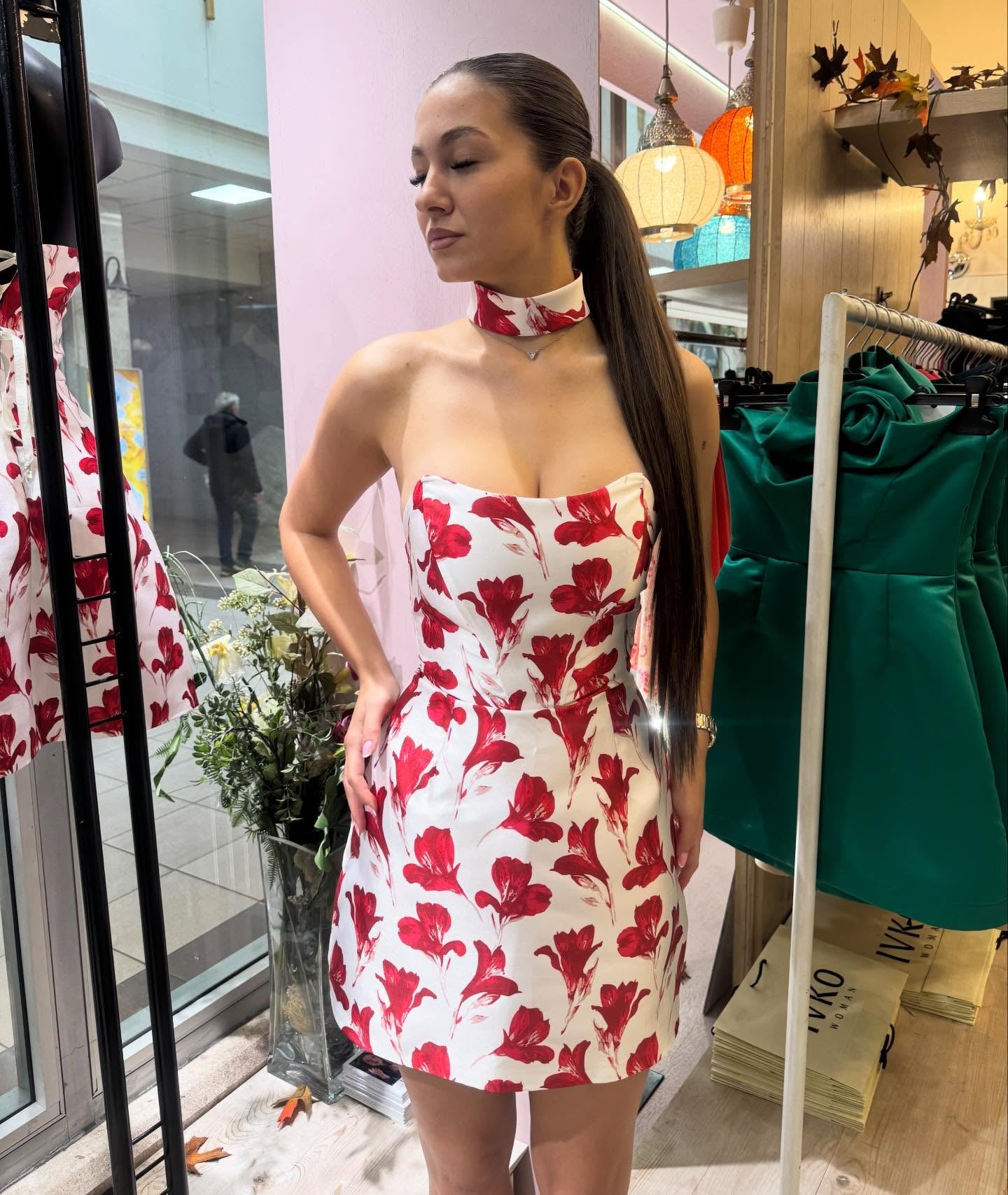 Strapless Floral Print Mini Dress with Choker