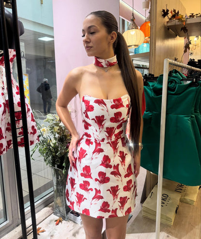 Strapless Floral Print Mini Dress with Choker