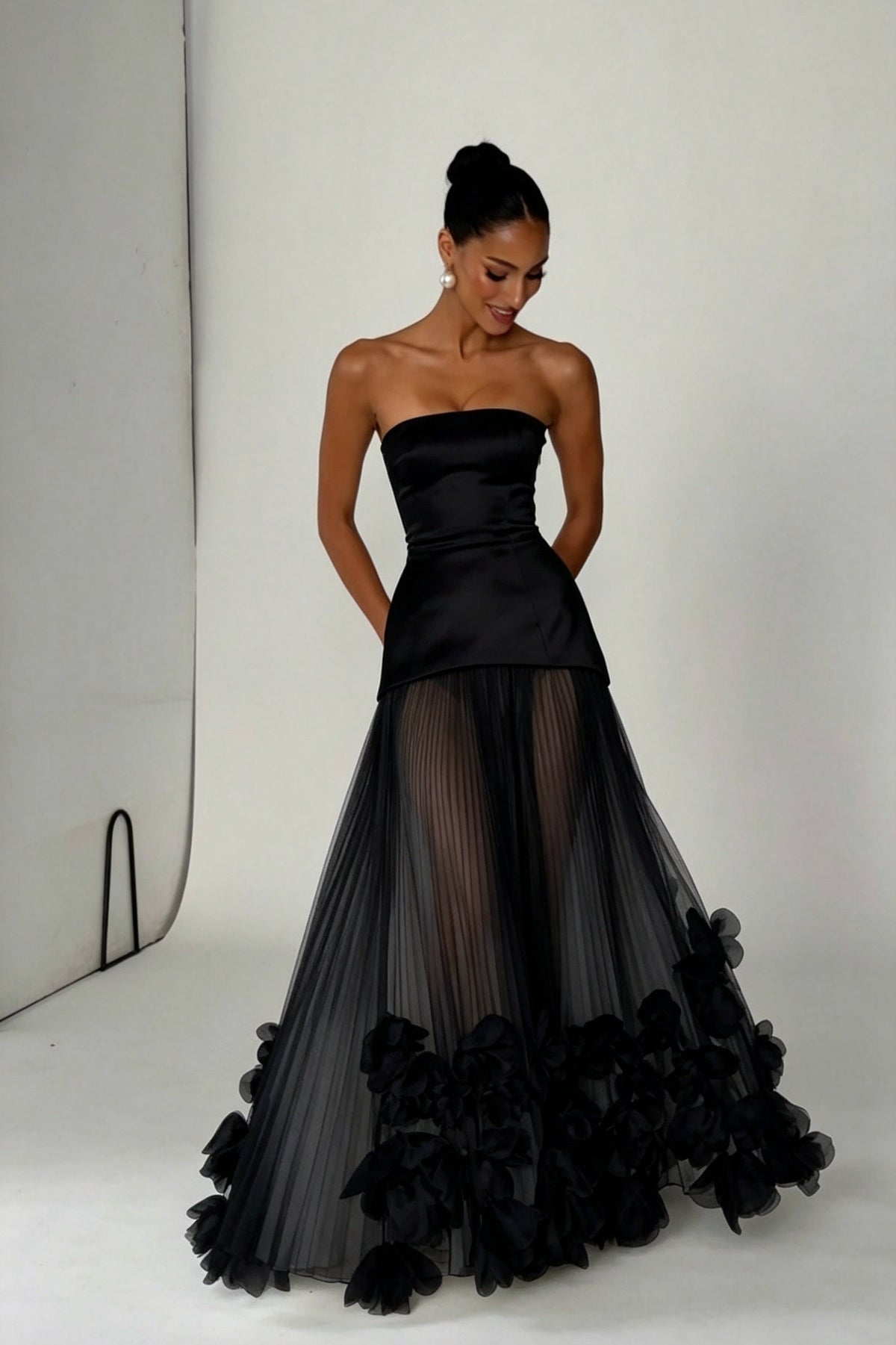 Strapless Pleated Evening Gown with 3D Floral Hem
