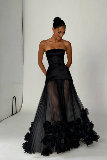 Strapless Pleated Evening Gown with 3D Floral Hem