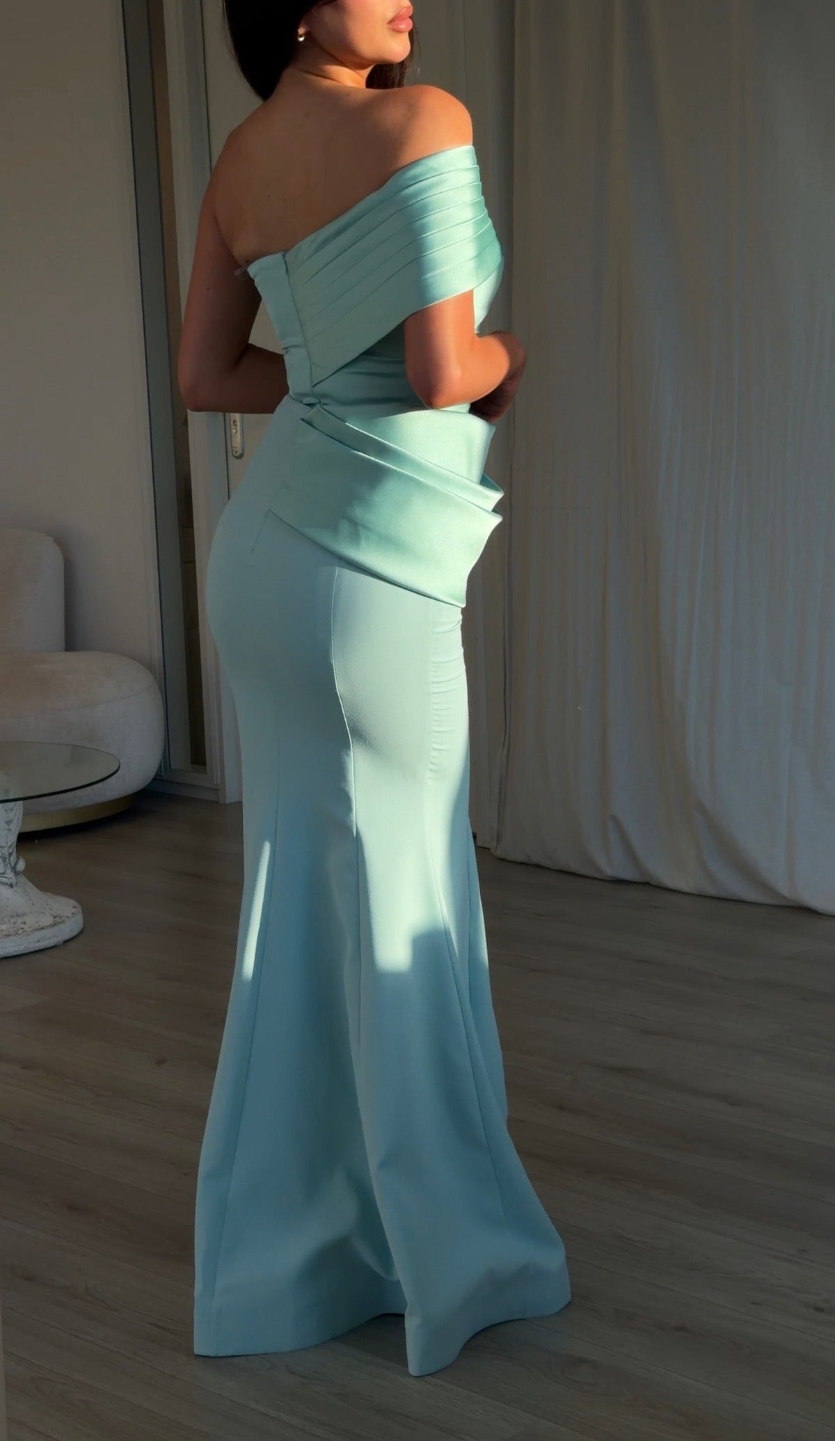 Pleated Off-Shoulder Draped Mermaid Gown