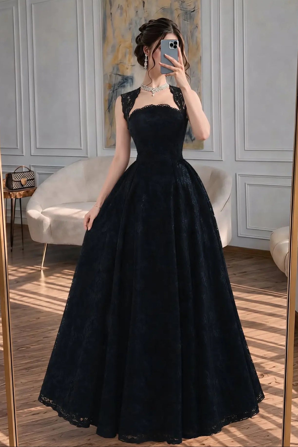 Floral Lace Ball Gown with Scalloped Neckline
