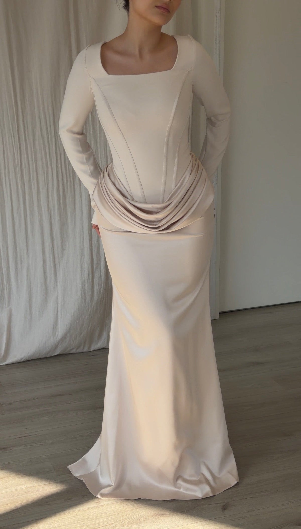 Long Sleeve Corset Gown with Draped Satin Skirt