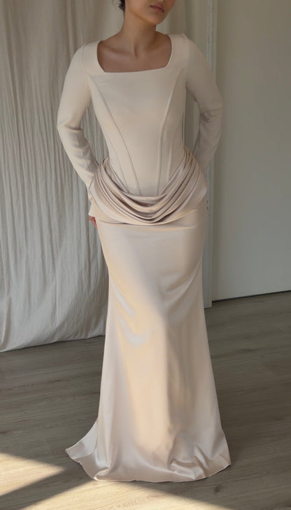 Long Sleeve Corset Gown with Draped Satin Skirt