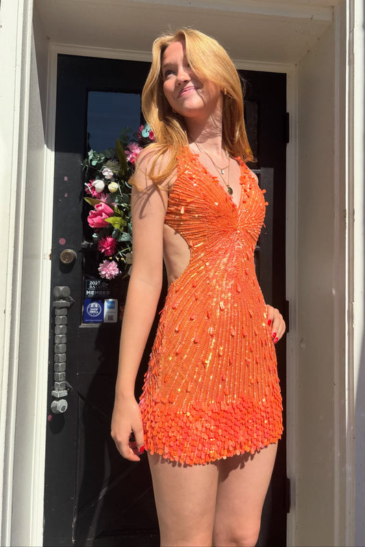 Sequin Deep V-Neck Mini Dress with Lace-Up Open Back