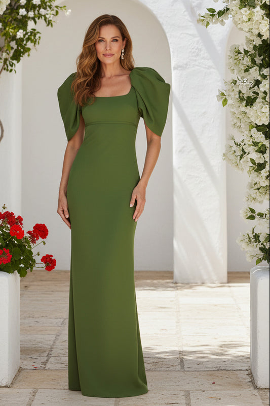 Puff Sleeve Square Neck Column Evening Gown