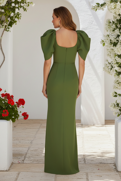 Puff Sleeve Square Neck Column Evening Gown