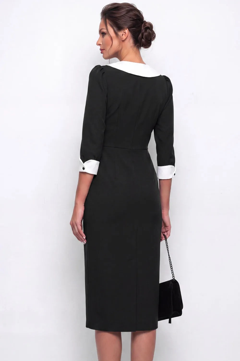 Contrast Collar Button-Front Midi Sheath Dress