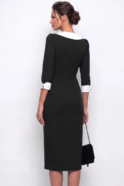 Contrast Collar Button-Front Midi Sheath Dress