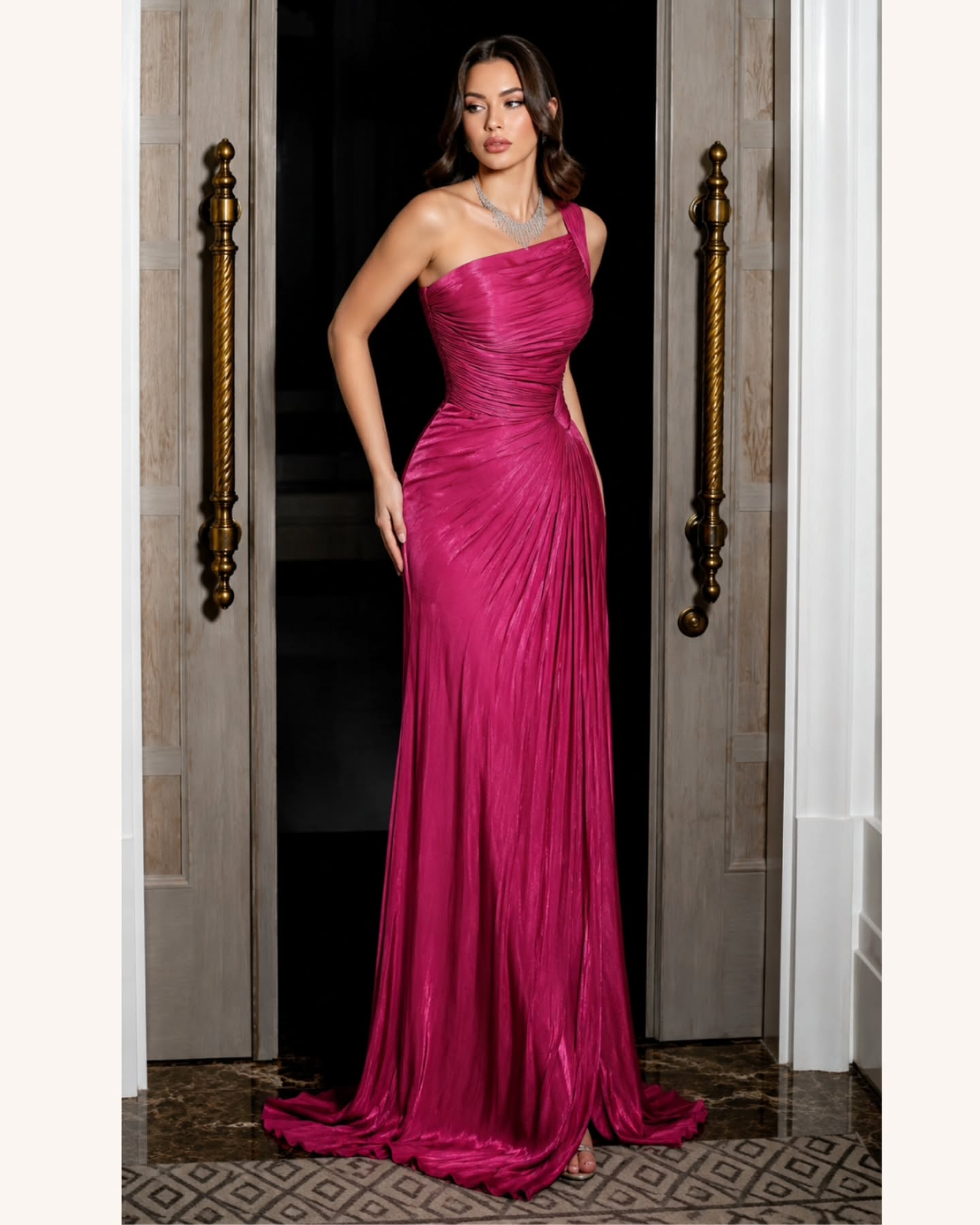 One-Shoulder Pleated Evening Gown