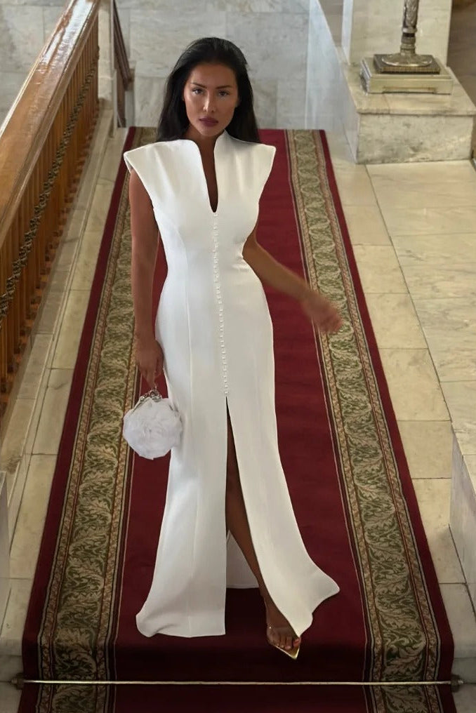Cap Sleeve V-Neck Slit Gown with Button Placket