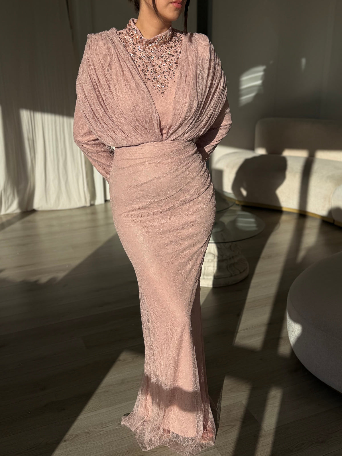 Ruched Lace Gown with Embellished High Neck