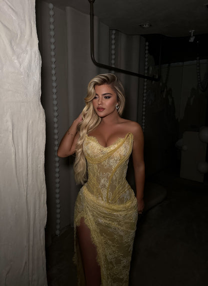 Strapless Lace Corset Maxi Dress with High Slit