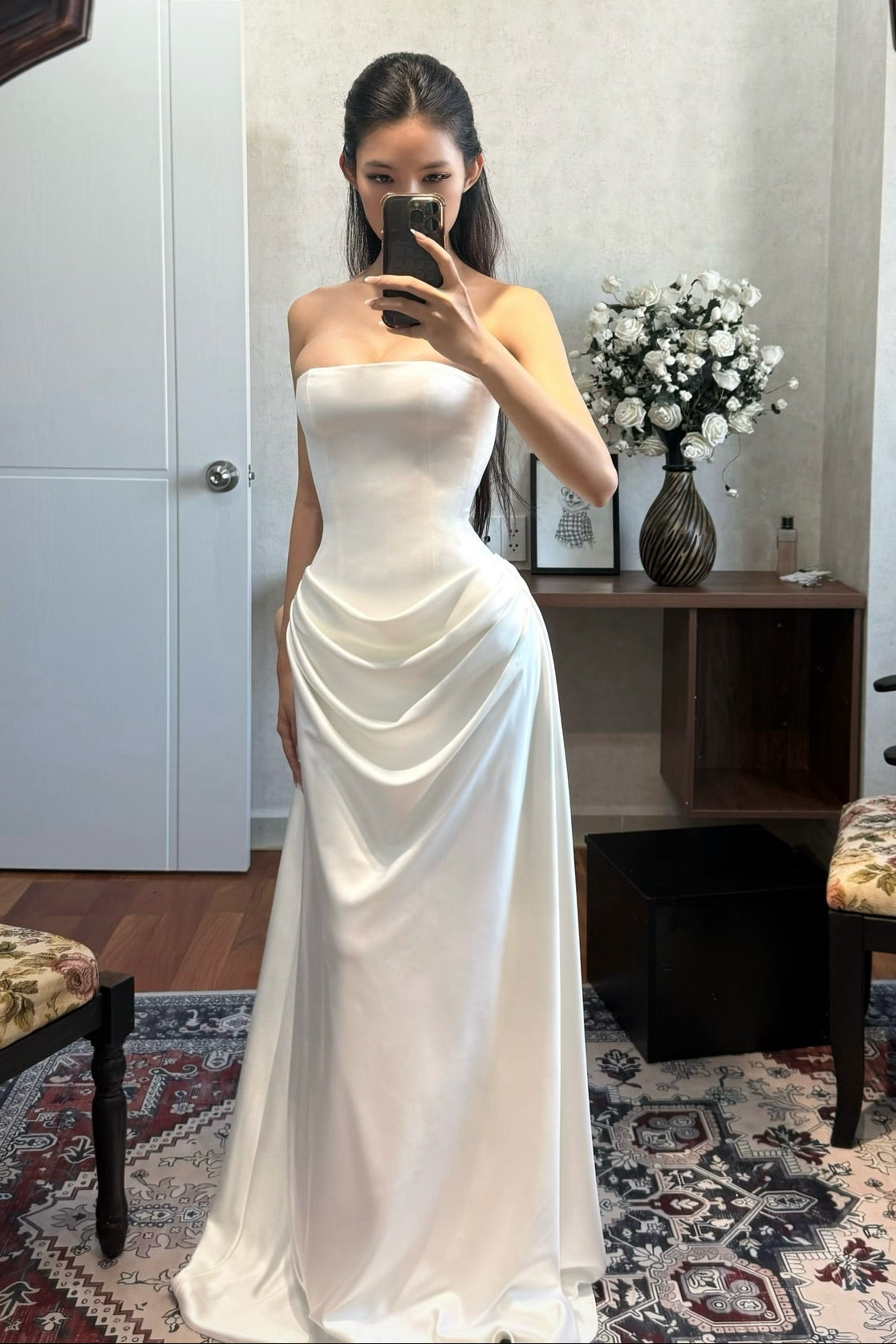 Strapless Satin Sheath Wedding Gown with Ruched Skirt