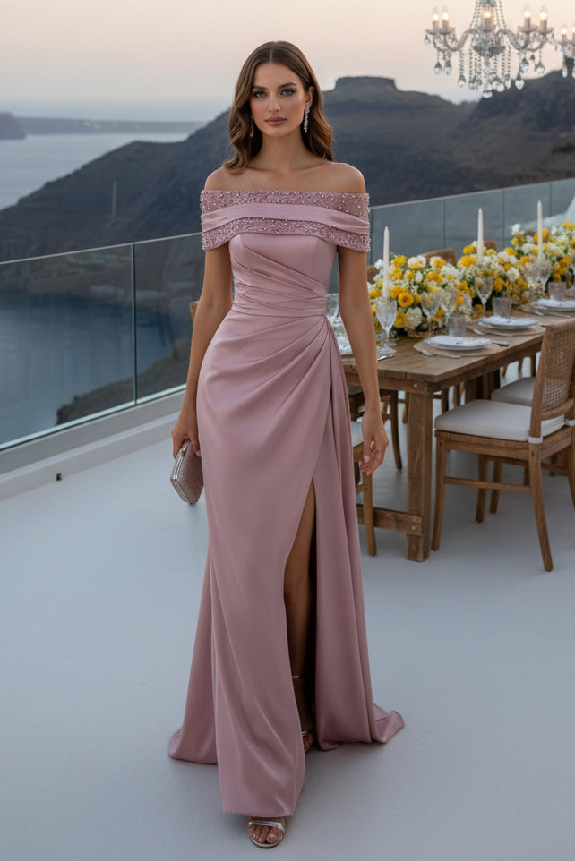 Off-the-Shoulder Ruched Satin Gown with Slit