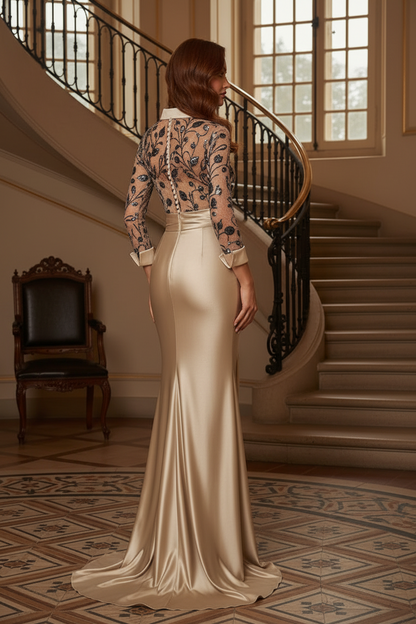 Collared Sequin-Floral Bodice Satin Skirt Gown