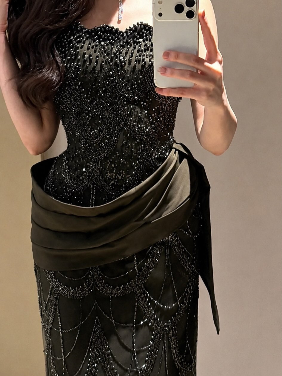 Beaded Mermaid Evening Gown with Satin Drape