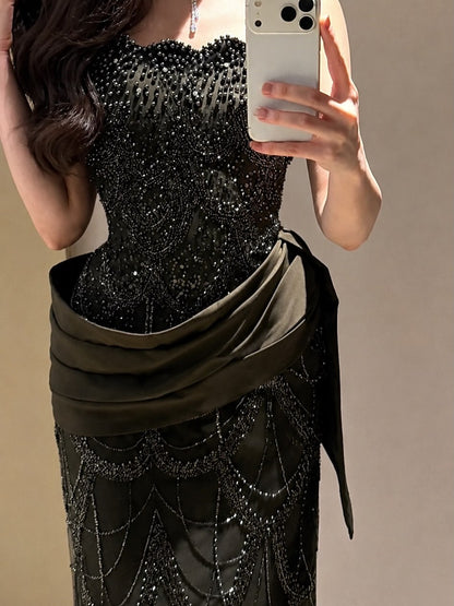 Beaded Mermaid Evening Gown with Satin Drape