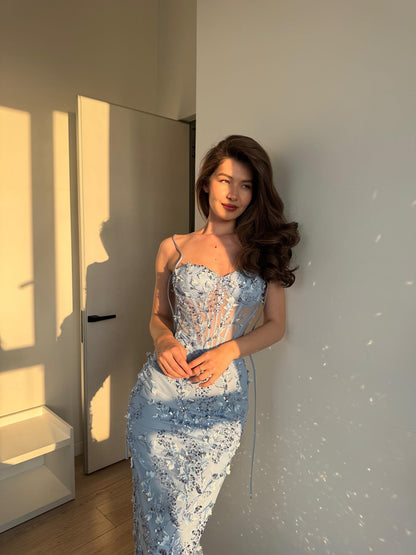 Floral Applique Corset Mermaid Evening Gown