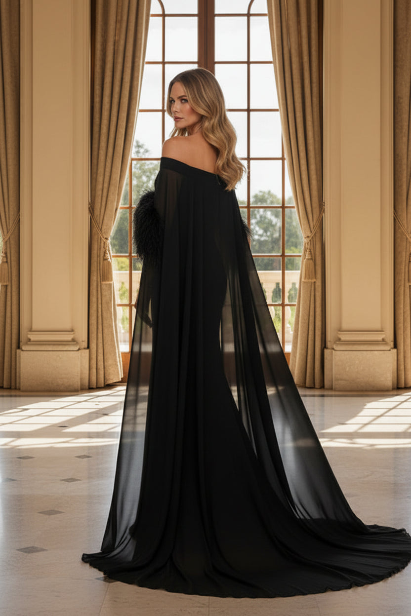 Off-the-Shoulder Gown with Feather Trim & Cape Sleeves