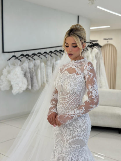 Long Sleeve Illusion High Neck Lace Mermaid Wedding Dress