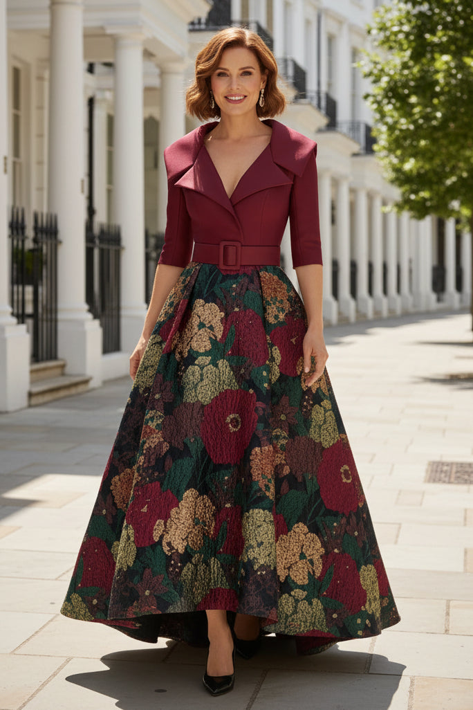 Belted Wrap Top Floral Jacquard High-Low Skirt Dress