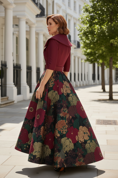 Belted Wrap Top Floral Jacquard High-Low Skirt Dress