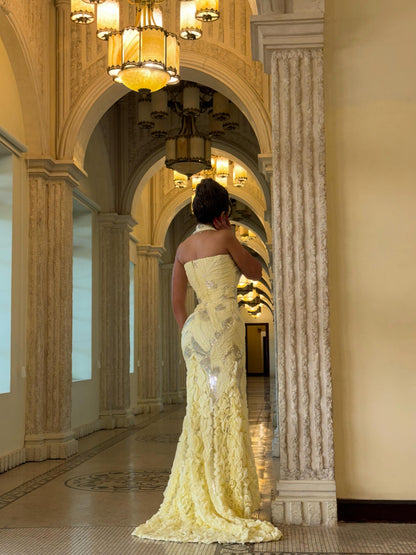 Halter Sequin Mermaid Gown with Ruffled Skirt