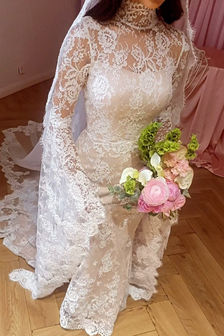 High Neck Lace Wedding Dress with Bell Sleeves