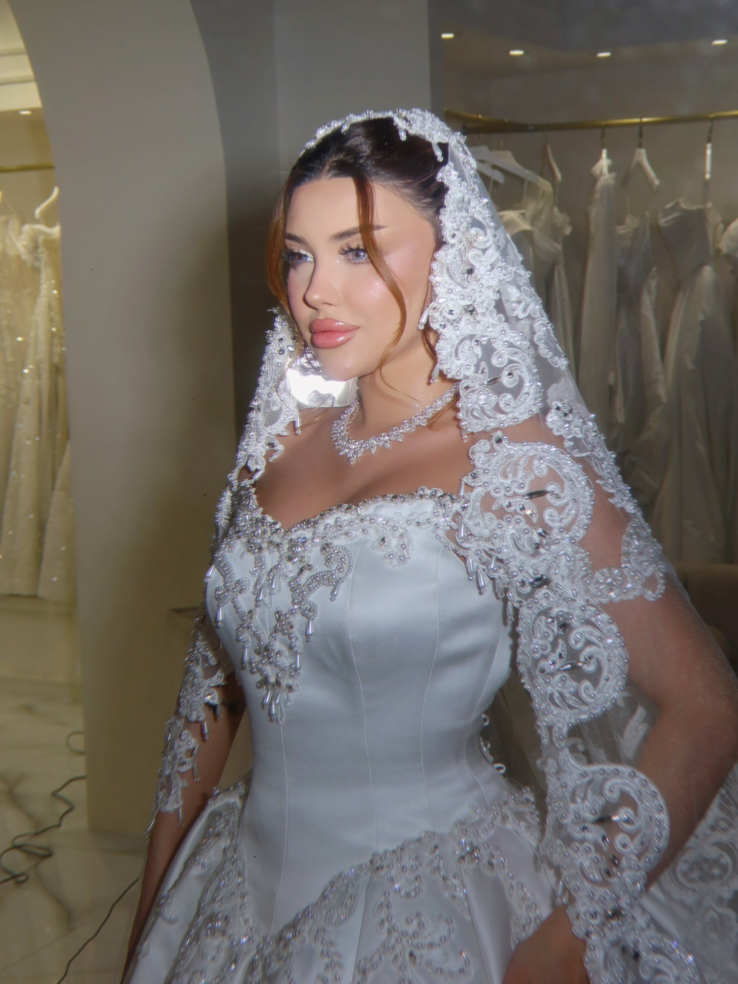 Beaded Lace Off-the-Shoulder Satin Ball Gown
