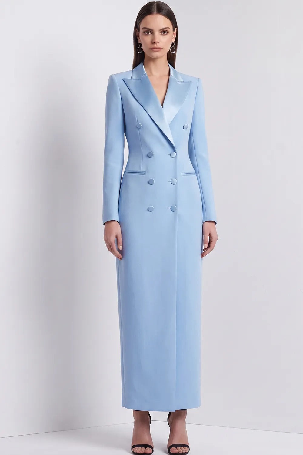 Double-Breasted Maxi Blazer Dress with Satin Lapels