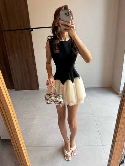 Sleeveless Drop-Waist Tulle Hem Mini Dress