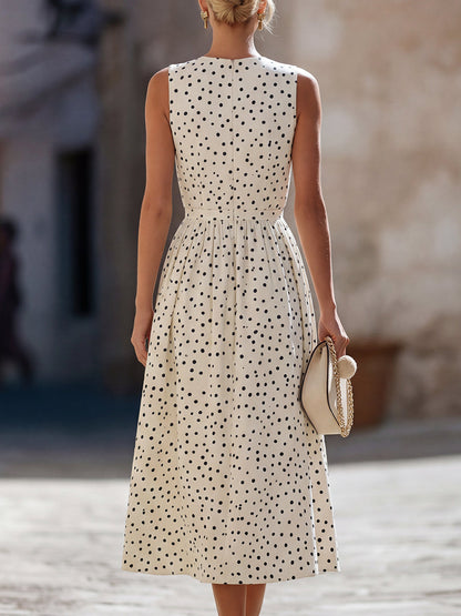 Sleeveless Polka Dot Midi A-Line Dress