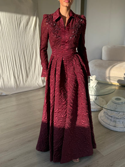 Collared Lace & Jacquard A-Line Evening Gown