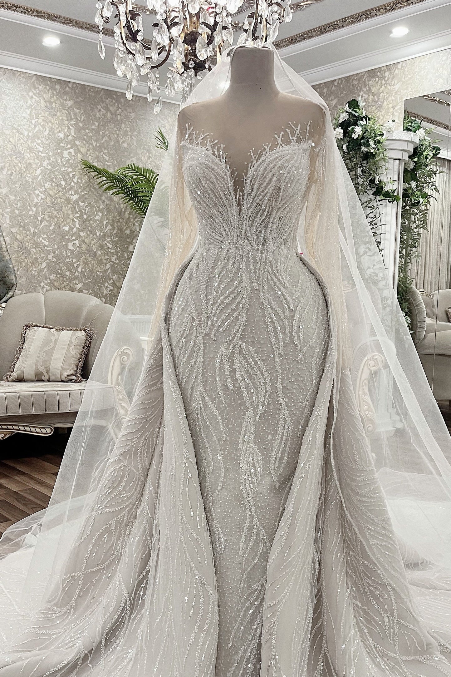 Beaded Sequin Mermaid Wedding Dress with Train