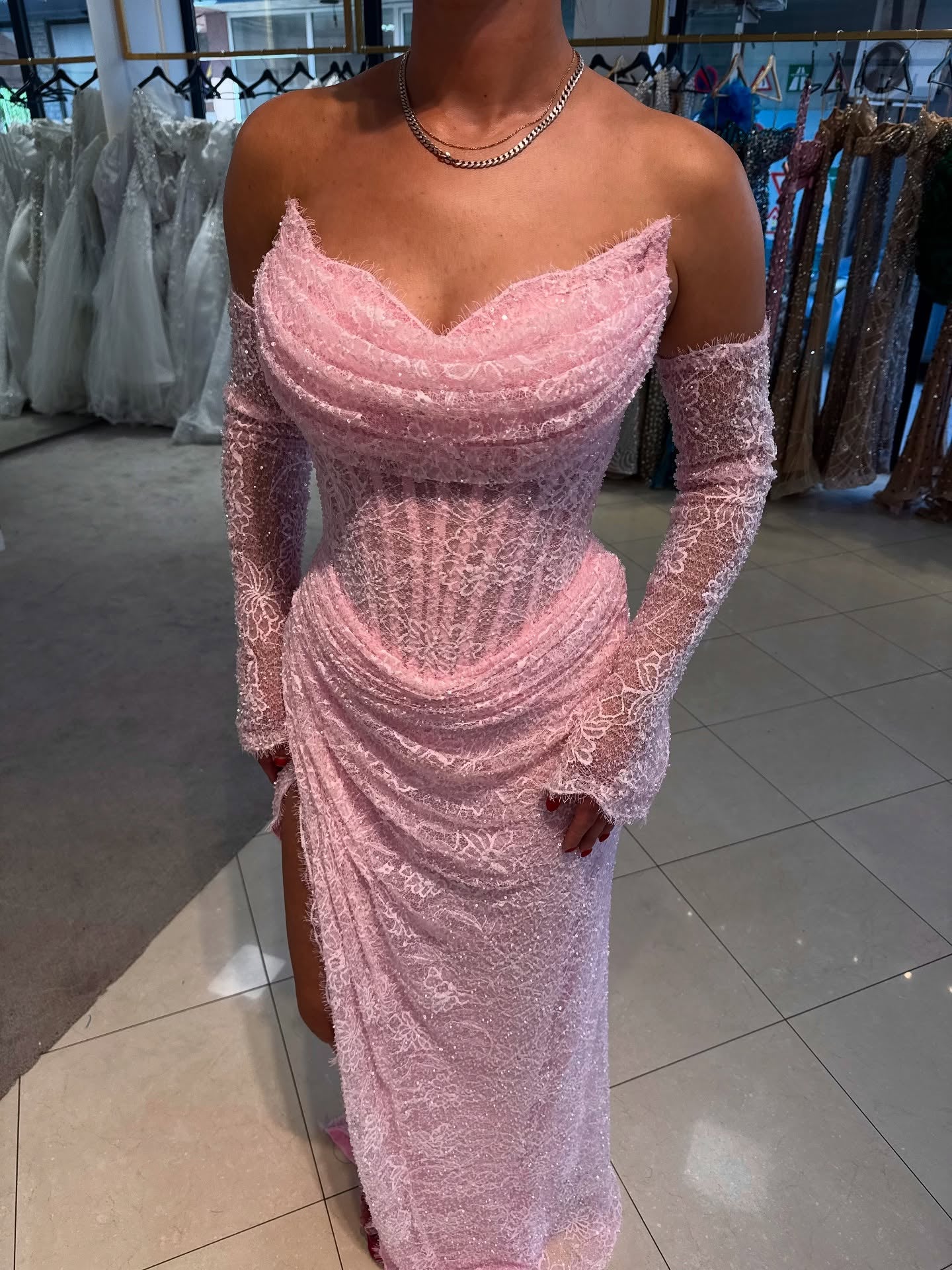 Corset Lace Gown with Cowl Neck & Long Sleeves