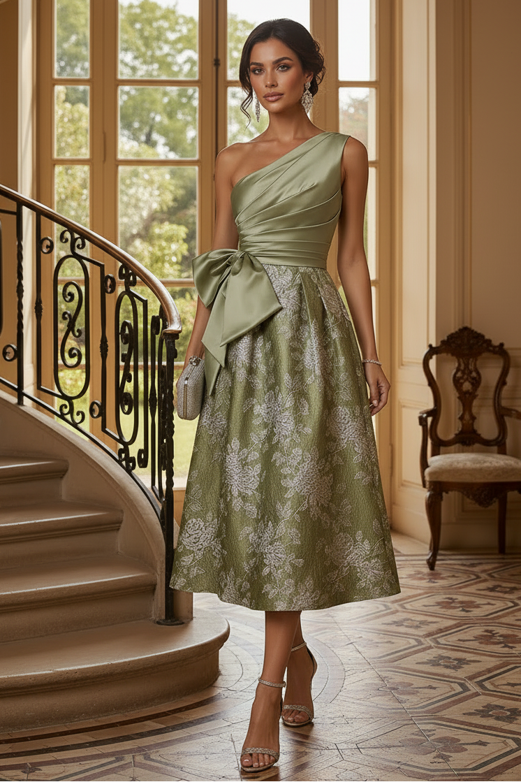 One-Shoulder Satin and Jacquard Midi Dress