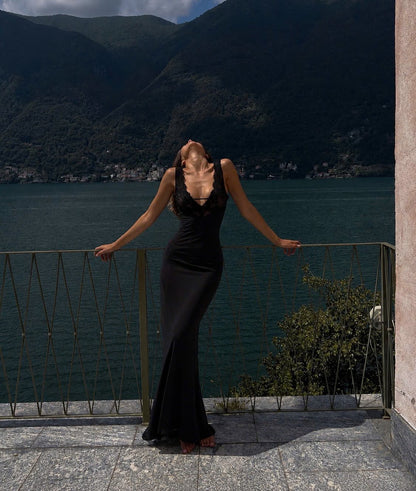 Elegant Lace Trim V-Neck Maxi Dress
