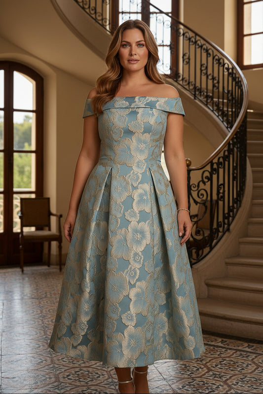 Off-the-Shoulder Floral Jacquard Midi Dress