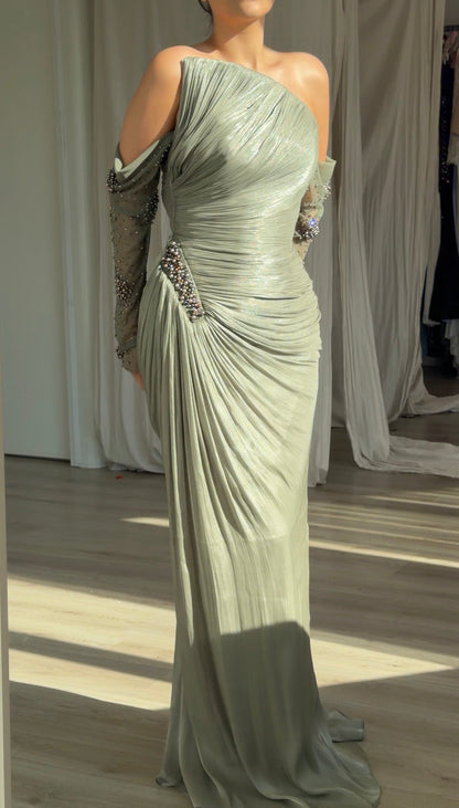 Pleated Asymmetrical Gown with Beaded Hip Accent